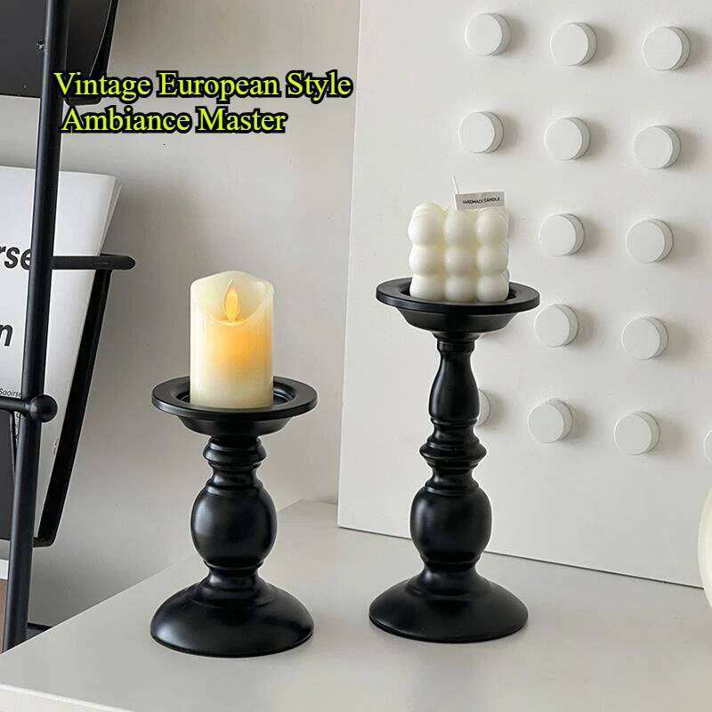 European Vintage Iron Candlestick, Black Classic Pillar, 2 Sizes for Home/Wedding Decor Candle Base Pallet H260310
