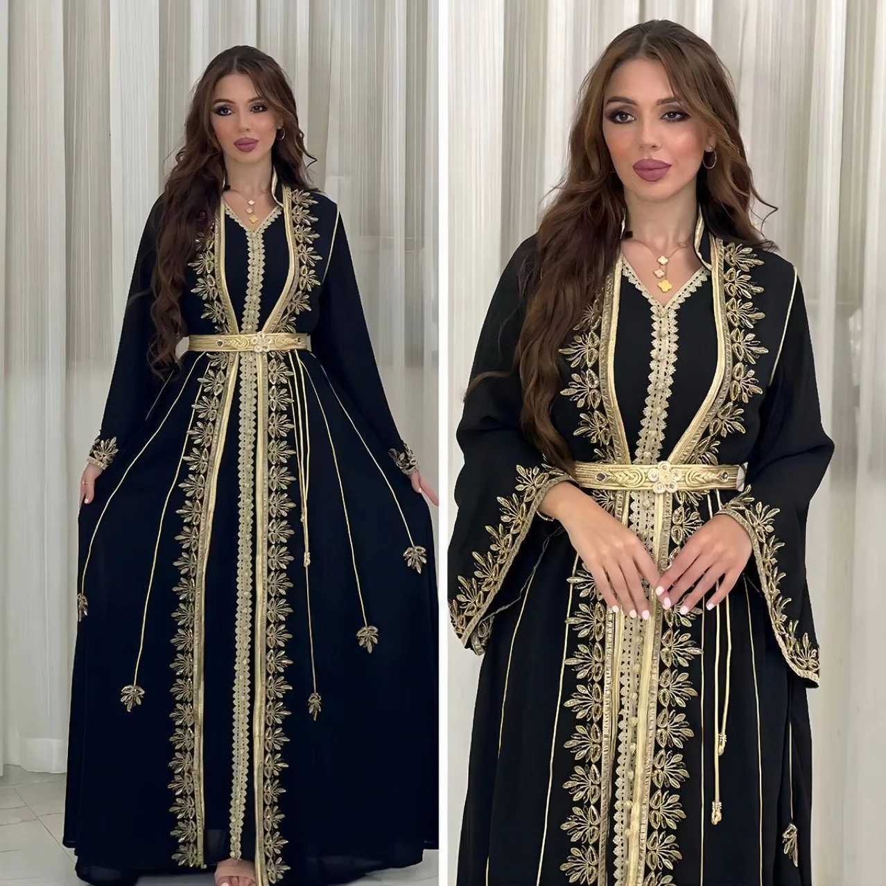 Dress Suit Women Eid Muslim Abaya Party Dresses 2 Piece Sets Embroidery Sashes Ramadan Dubai Kaftan Vestidos Jalabiya Long Robe X260310