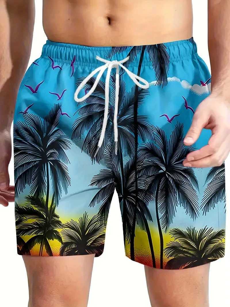 Summer Coconut Tree Pattern Swim Trunks For Men Fashion Beach Vacation 3D Printed Hawaiian Short Pants Loose Breathable Shorts N260310