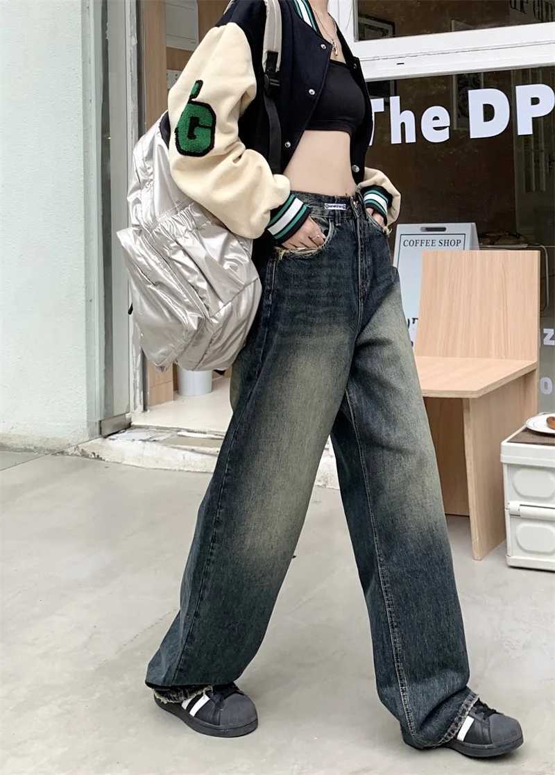 Womens Harajuku Style Loose Wide Leg Jeans Autumn Winter Street Fashion Retro Straight Loose Denim Trousers M260310