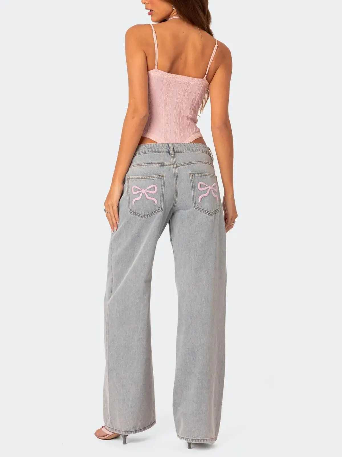 Europe and the United States casual comfortable simple style bow embroidery fashion straight leg retro blue jeans ins M260310