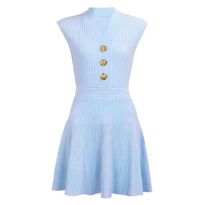 2026 European and American fashion goddess style elegant and simple solid color V-neck sleeveless design vertical stripe knitted dress