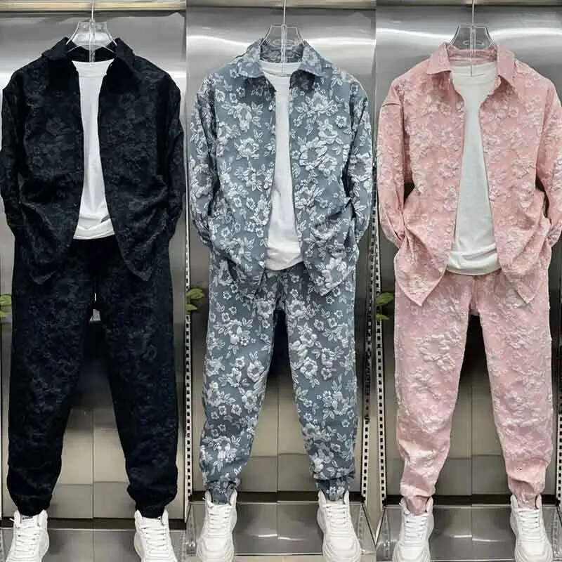 Men's Tracksuits Fall Casual Suit Embossed Printed Shirt Jacket Trousers Two-Piece Foreign Style Couple Set Men's Clothing