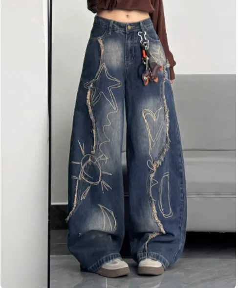 New Large Size Retro Women Loose Wide-leg Mopping Jeans Fashion High Waist Versatile Age-reducing Blue Printed Straight Trousers M260310