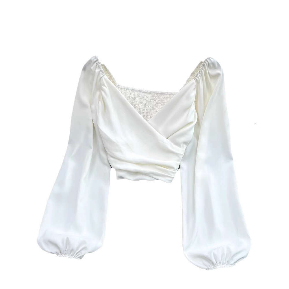 Spring fashion V-neck pleated collarbone exposed fluffy long sleeved pullover for women's fashionable and unique short top