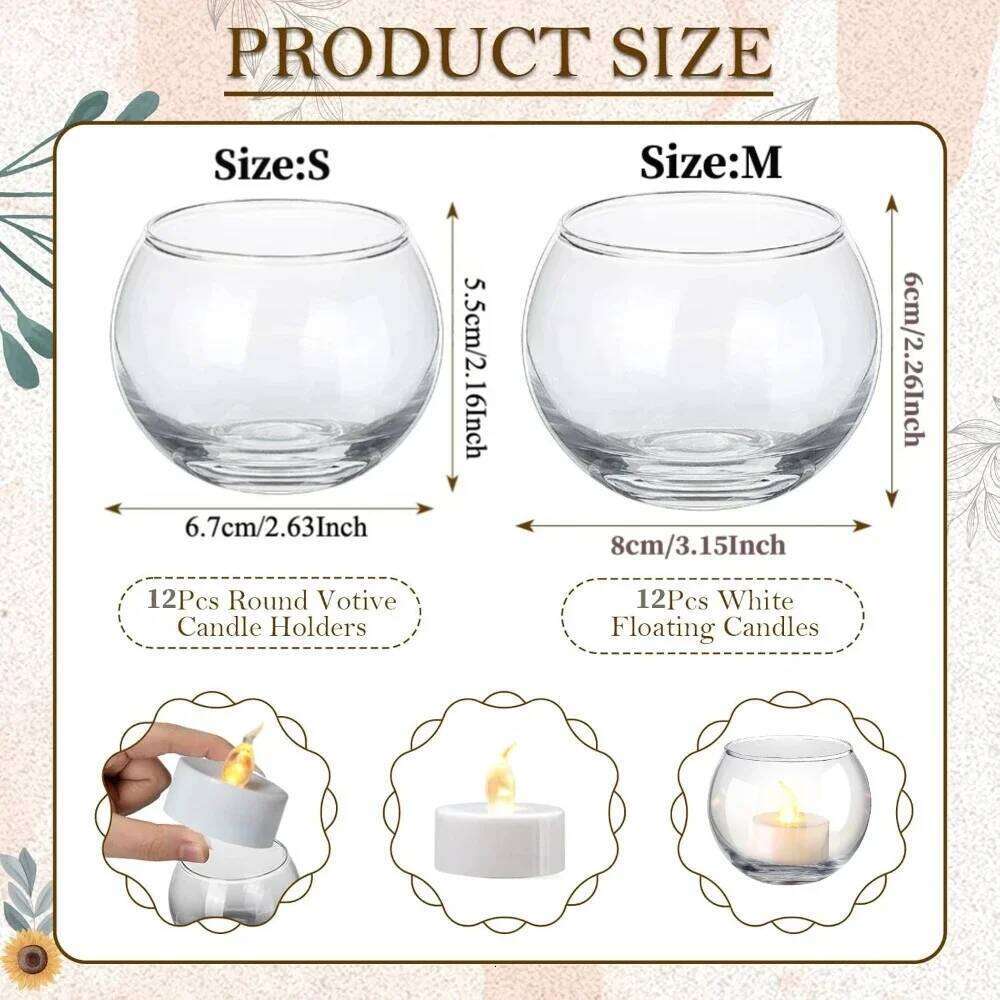 6Pcs Round Votive Holders Glass Tealight Candle Holder Cup with LED Candles for Valentine's Day, Birthday Wedding Decor H260310