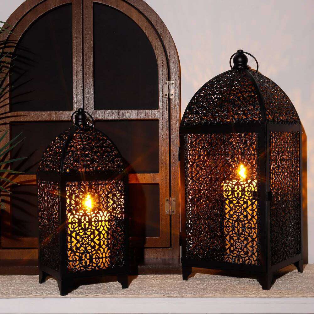 2Pcs Metal Holder Black Vintage Candle Decorative Hanging Lantern with Hollow Pattern for Party Garden Home Decor H260310
