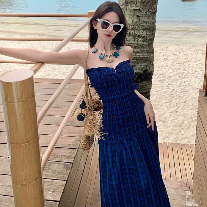 2026 Spring and Summer New Checkered Niche Design Annual Meeting Strapless Dress Elegant Long Dress