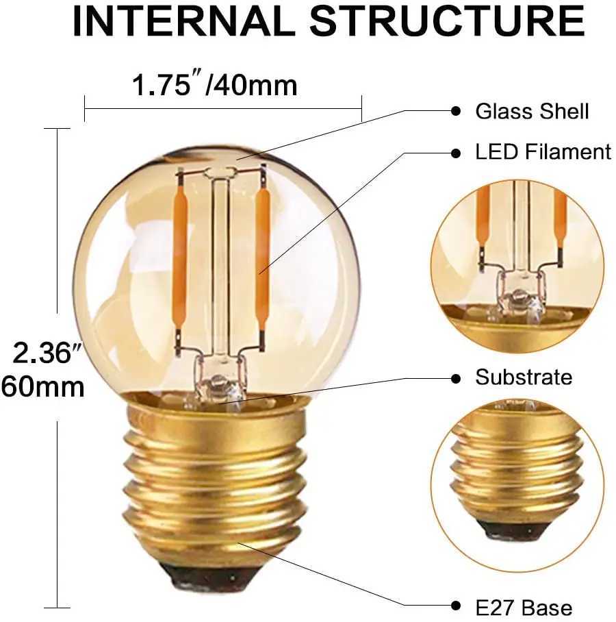 G40 Edison LED Filament Mini Globe Light Bulbs 1W Equivalent to 10Watt Incandescent E27 2200K 220V 12V 24V Decorative Led Bulbs H260310