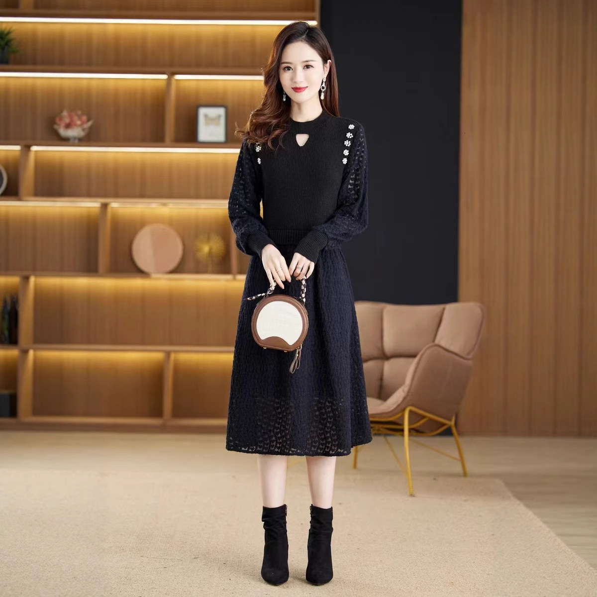 Elegant Knit Tweed Style Slimming Dress For Women Autumn/winter Slim Fit Tweed Patchwork Dresses 240824