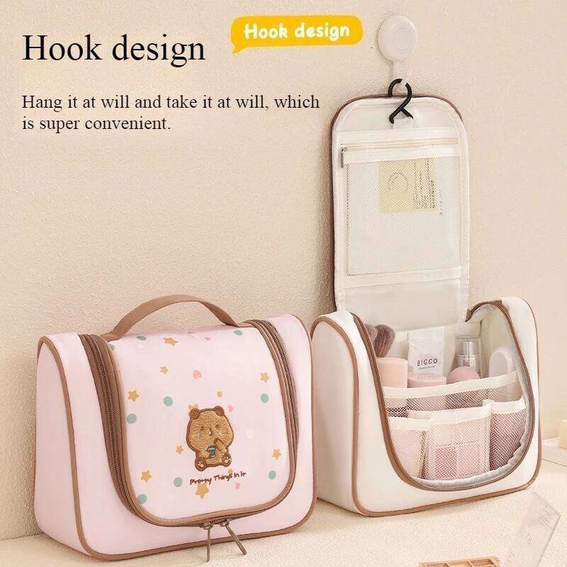 2025Milk tea bear curved cover hook toiletry travel storage cartoon cosmetic bag large capacity XJ260310