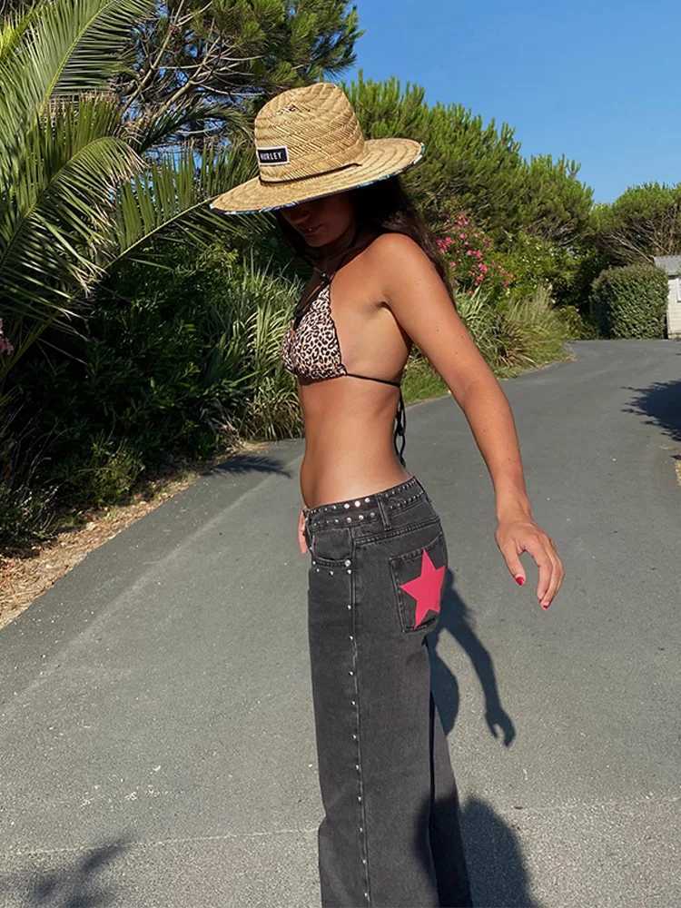 Trendy Womens Denim Jeans Pant High Waist Baggy Pants With Bead Studs Y2K Style High Street Jeans Female Casual Chic TrousersT260310