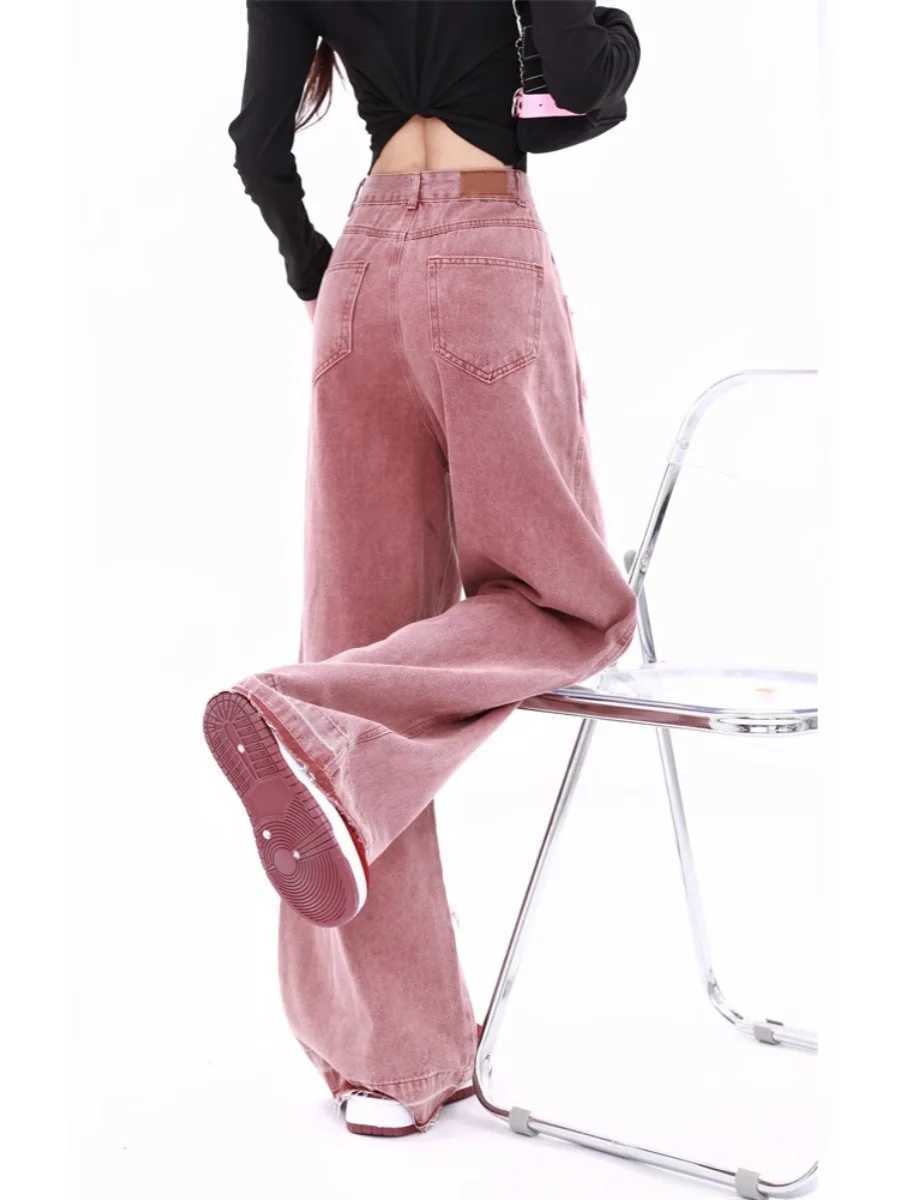 Large Size Women American Street Pink High Waist Autumn Korean Wide-leg Jeans Loose Fashion Versatile Straight Leisure Trousers M260310