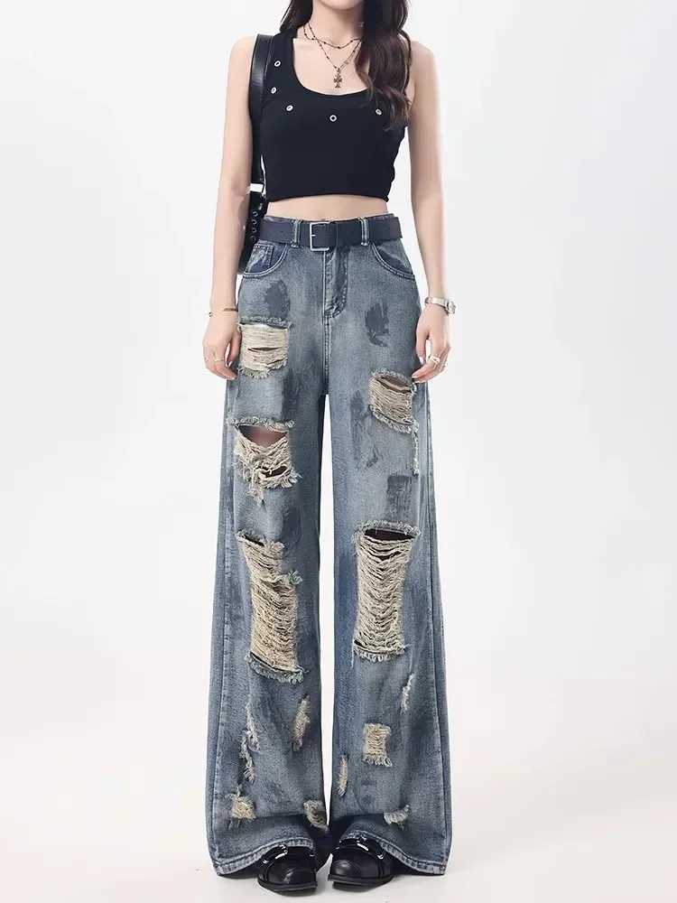 Oversize Blue Ripped Old Hot Y2k American RETRO High Waist Fashion Men And Women Hip Hop Straight Loose Wide Legs Jeans M260310