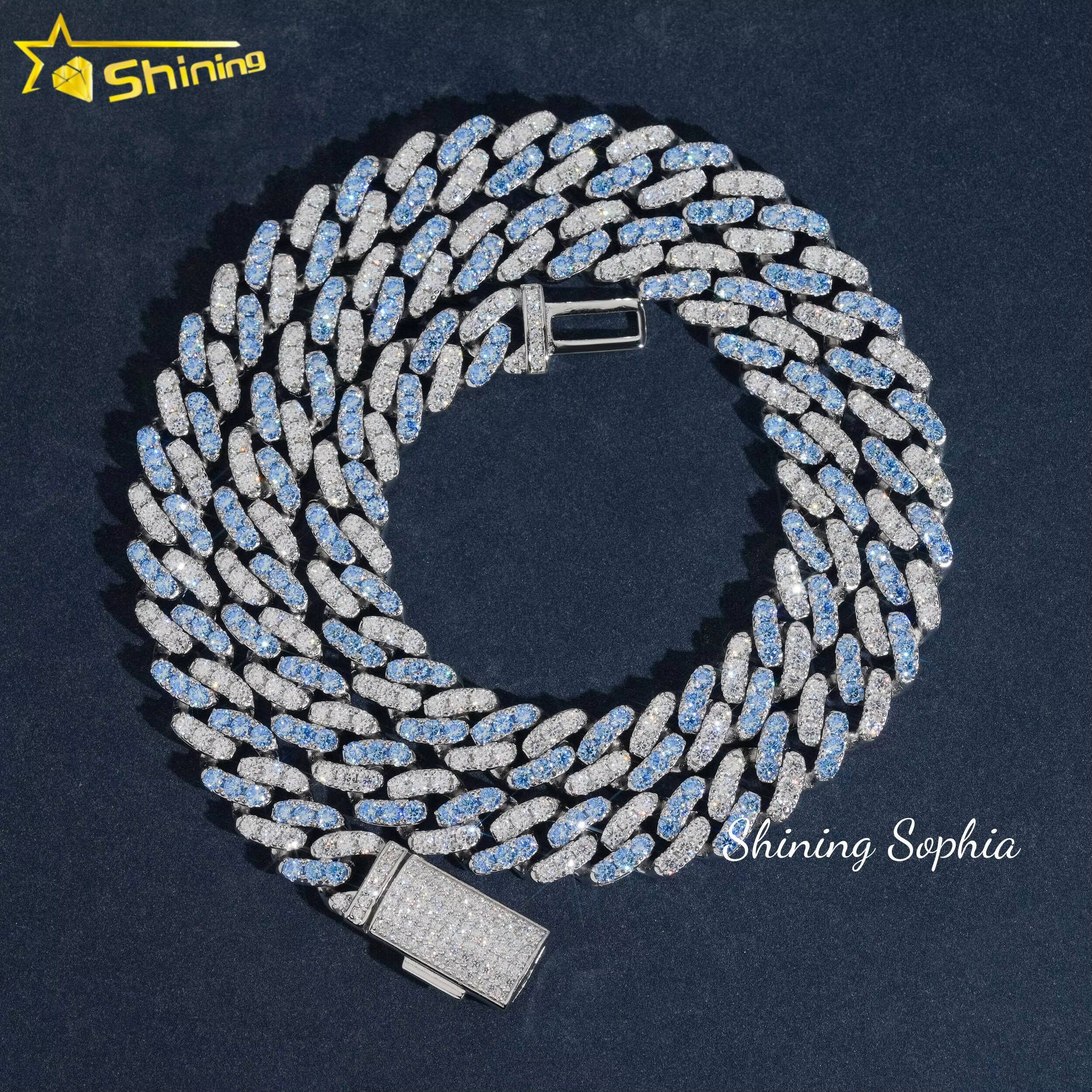 10mm 14K White Gold Plated Two Tone Blue and White Moissanite Diamond Cuban Link Chain Necklace