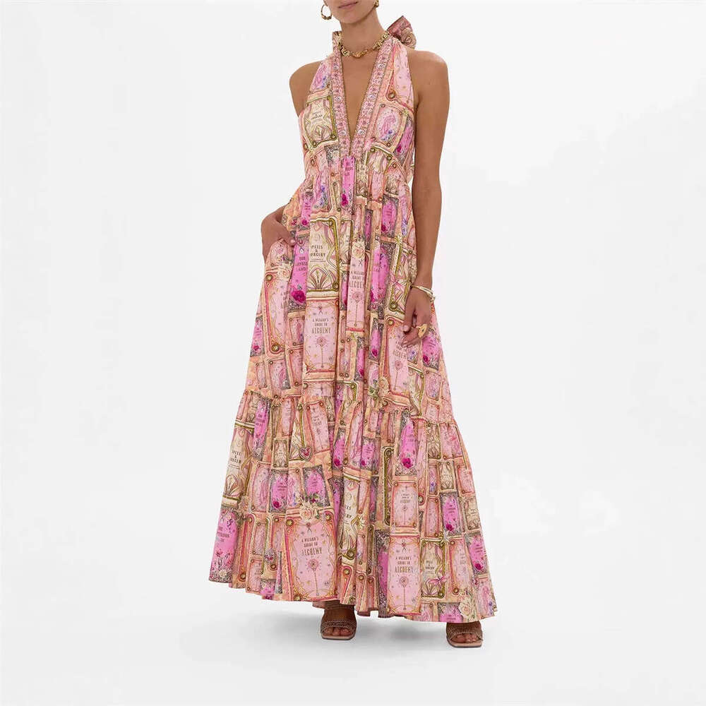 2026 new fashion goddess like sexy vacation style V-neck tie with backless printed flowing dress
