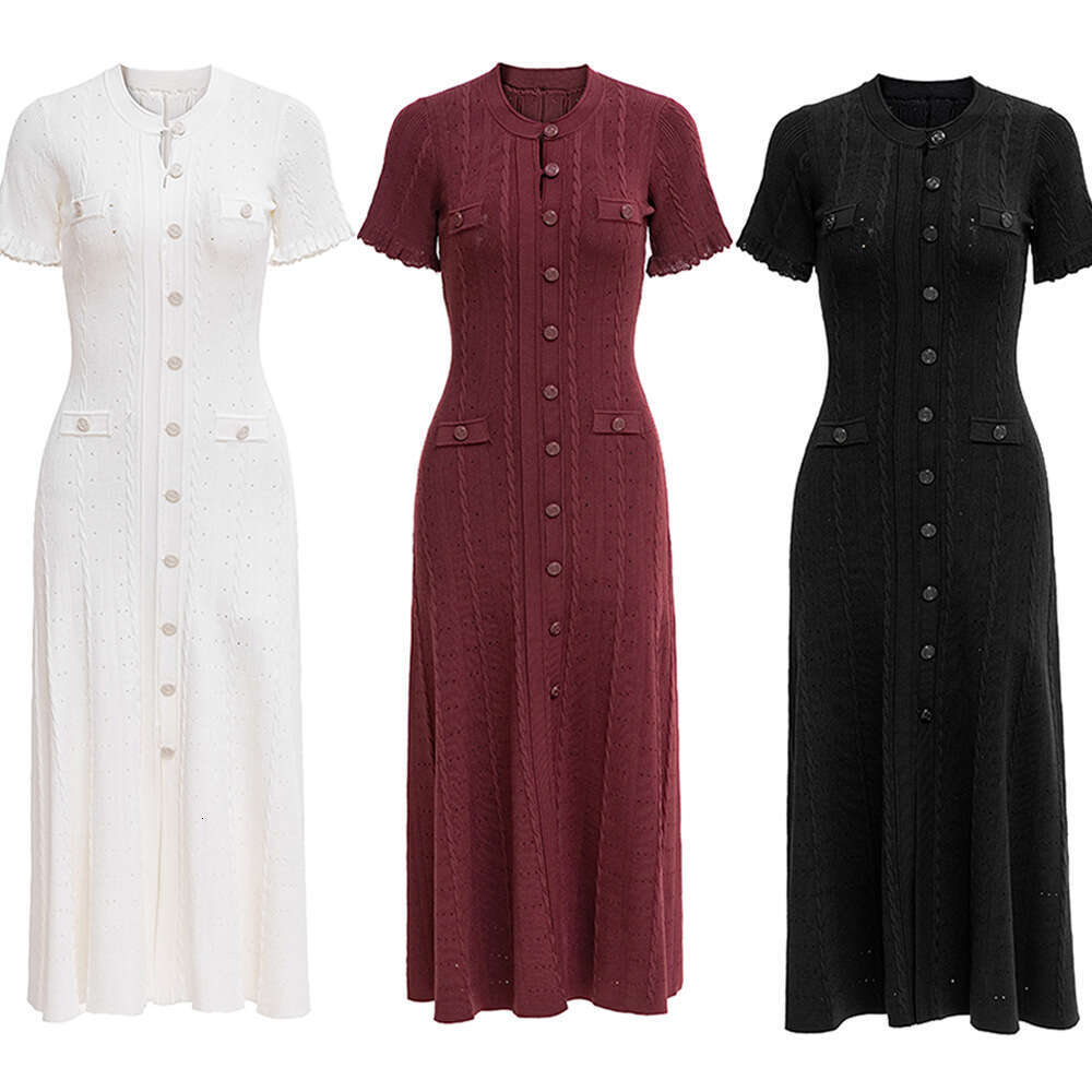 2026 Spring and Summer High Quality French Elegant Social Short Sleeve Hollow Ribbed Single breasted Knitted Dress