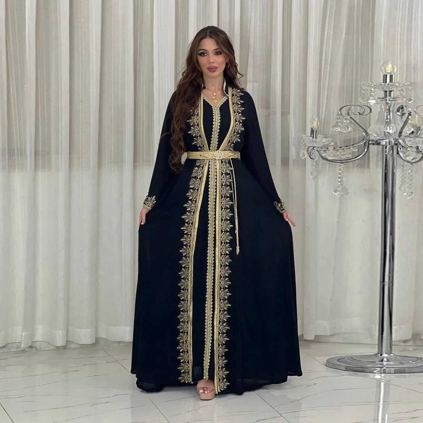 Dress Suit Women Eid Muslim Abaya Party Dresses 2 Piece Sets Embroidery Sashes Ramadan Dubai Kaftan Vestidos Jalabiya Long Robe X260310