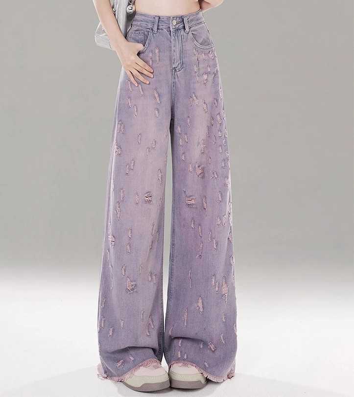 Large Size American Retro Ripped Jeans Women Spring Autumn High Waist Straight Fashion Versatile Wide Leg Floor Pants M260310
