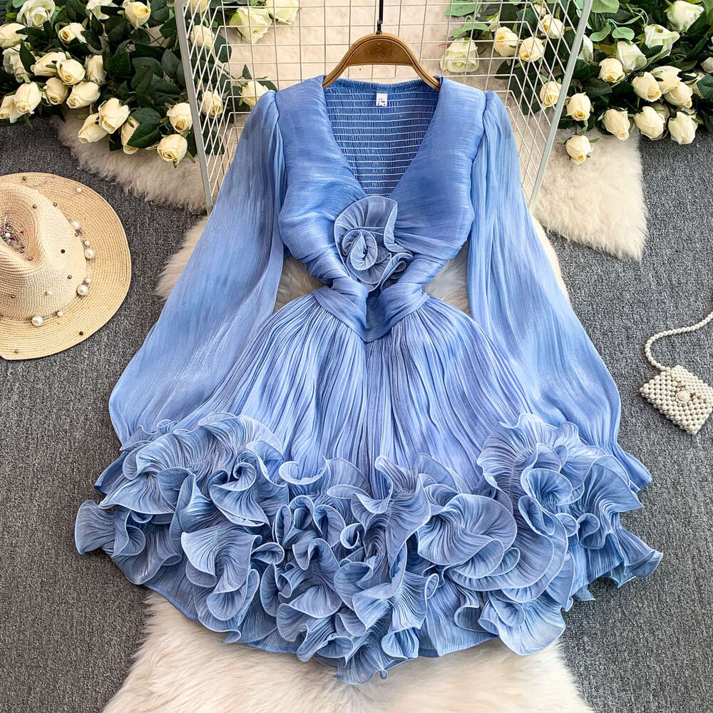 European and American internet celebrities niche high-end shiny transparent V-neck dress with exquisite fluffy 3D ruffles