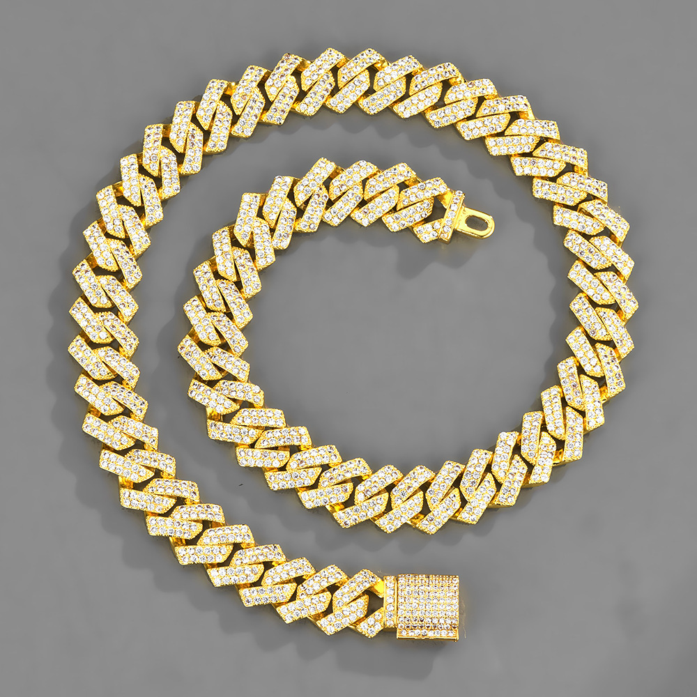 15mm Full Diamond Cuban Link Chain Necklace For Men Guys Iced Out Crystal Gemstone Miami Street Party Hip Hop Rap Jewelry Grunge Chunky Gold Curb Chai
