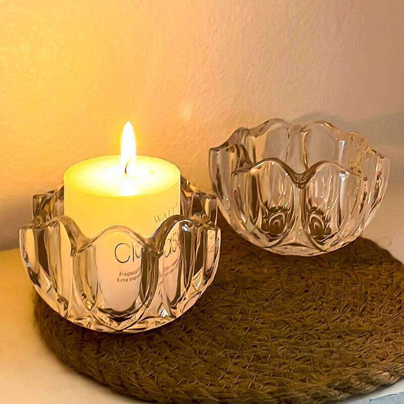 French Flower Mouth Crystal Glass Transparent Holder, Romantic Decoration, Household Candle Container H260310
