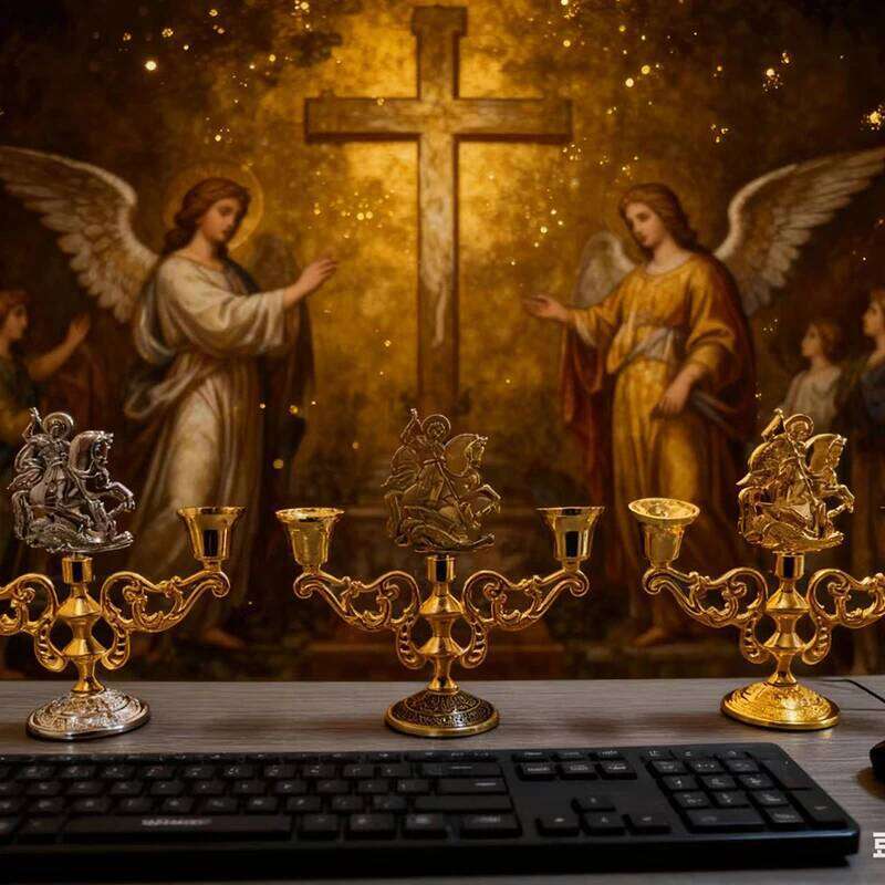 New Orthodox Myth George Killing Snake Icon Gold Plated GiftBox Church Home Table Stand Religion Statue candlestick H260310