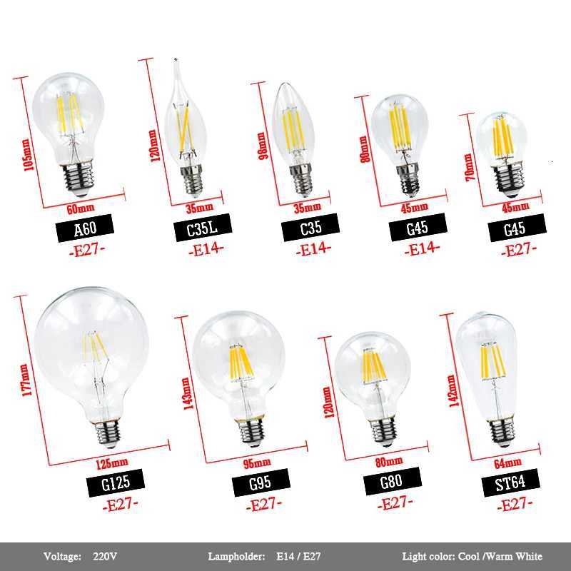 E14 E27 LED Bulb 220V Glass Vintage LED Filament Light Bulb 2W 4W 6W 8W Retro Incandescent Decoration Led Lighting Lamp Ampoule H260310