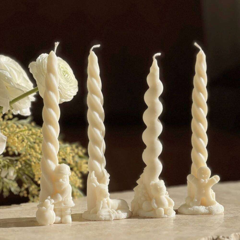 Christmas Pillar Candle Silicone Taper Column DIY Deer Santa Gingerbread Man Bear Gypsum Resin Mold Party Candlestick Decor H260310