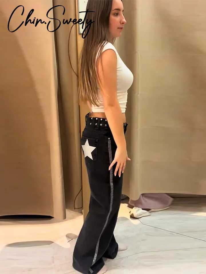 Chic Diamond Decor Womens Denim Pants Shiny Stars Mid Waist Lady Straight Pant 2026 Spring Fashion Female Street Trousers NewT260310