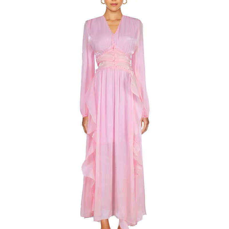 2026 new European and American niche goddess elegant and elegant solid color silk V-neck ruffled hem flowing long skirt