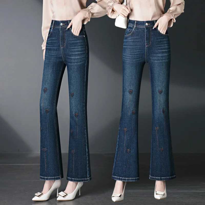 2026 Womens Spring/Summer New High Waist Micro Horn Jeans Embroidered Hot Stretch Mom Fashion Casual Pants M260310