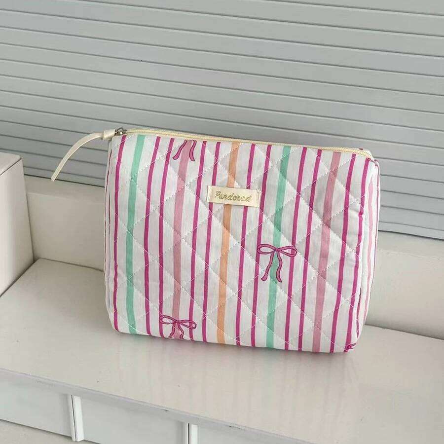 Personality Stripe Bowknot Women Cosmetic Portable Simple Quilting Bag Pouch Travel Large Capacity Makeup Storage Handbag XJ260310