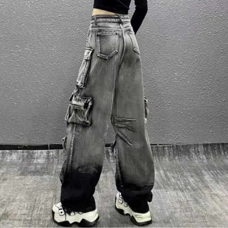 Women Y2k Jeans Fall Trendy Oversized Pocket Design Distressed Wash Vintage Cargo Jeans Loose Fit Denim Pants M260310