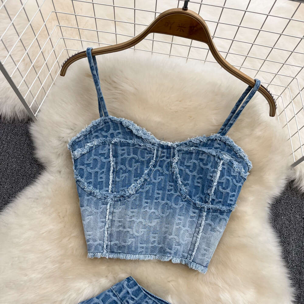 2026 designer style retro high waist slim fit wide leg shorts embroidered denim A-line hot pants two-piece set vest top