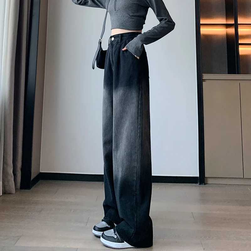 L-6XL Plus Size Jeans Women 2025 Spring New Arrivals High Waist Wide Leg Loose Black Denim Pants Women Streetwear Jeans Woman M260310