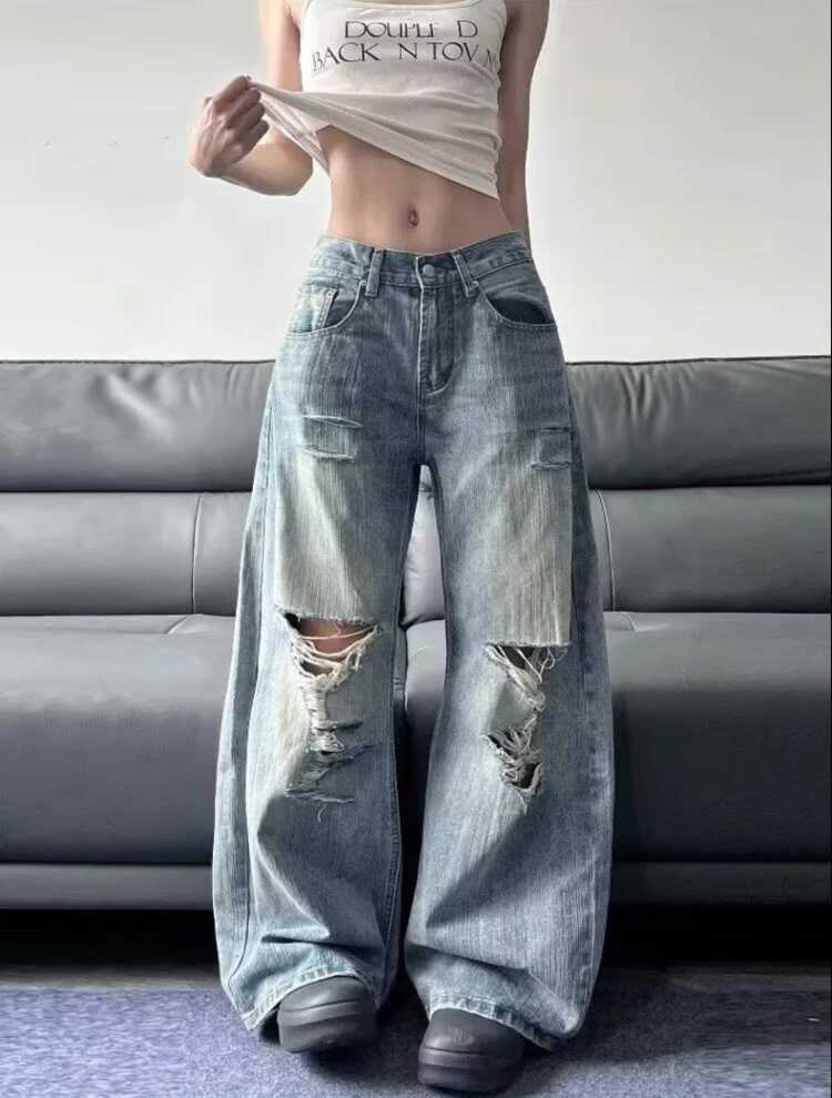2025 Summer High Waist Ripped Womens Blue Jeans American Vintage Streetwear Y2K Wide Leg Jean 2000s Trouser Baggy Denim Pants M260310