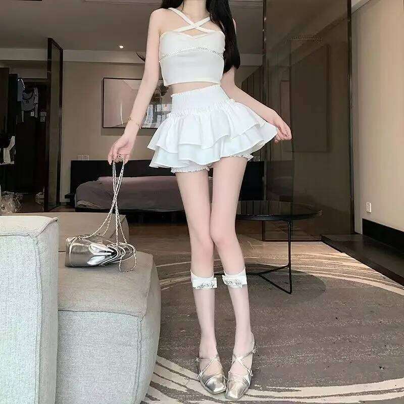 Kawaii Sweet Girl's Short Cake Elastic High Waist Ballet-Style Tiered New White Princess Mini Skirt Casual Matching XJ260309