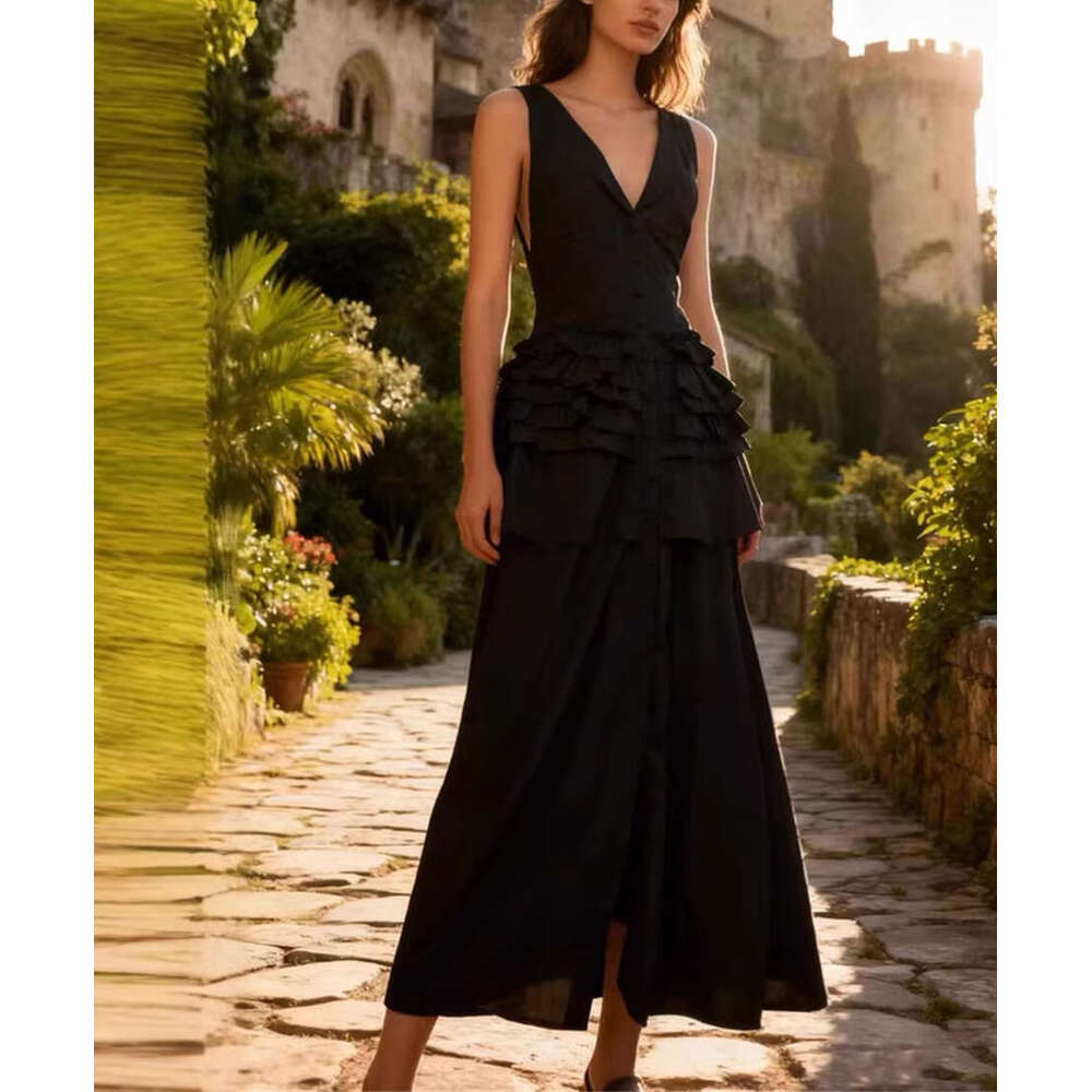 2026 Spring/Summer Goddess Style Sleeveless V-neck Ruffle Solid Color Long Vacation Dress in Multiple Colors