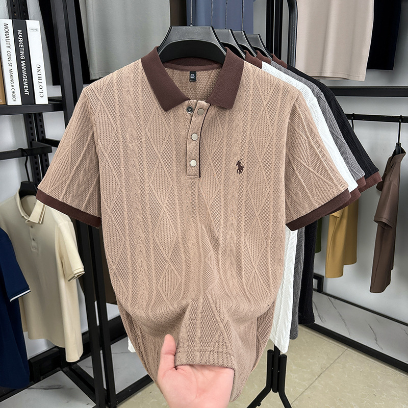 Luxury Brand Designer Clothes 2026 Summer Knitted Short Sleeve Men's New Arrival Middle-Aged Korean Version Fashion Sweater Collar Jacquard Embro