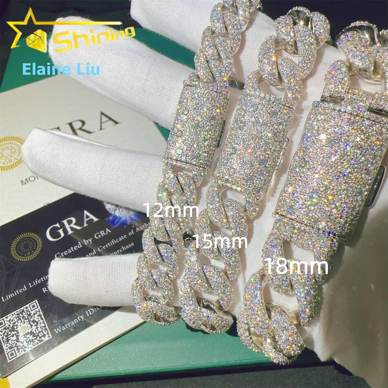 12mm 15mm 18mm VVS Moissanite Diamond Sterling Silver 925 Mosaic Setting Hip Hop Fine Jewelry Iced Out Cuban Link Chain Bracelet