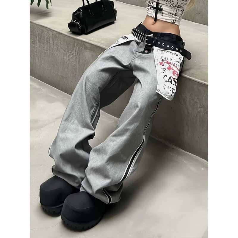 Vintage Jeans Women Pocket Printed Spliced Trousers Gothic Harajuku Loose Straight Pants Summer New Chic Trouser M260310