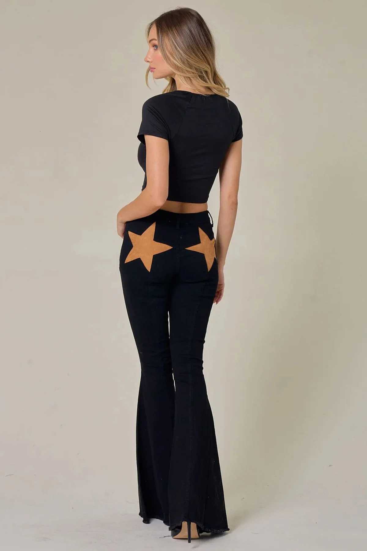 Womens Y2K Red Star Patch Flared Jeans High Waist Distressed Raw Hem Denim Pants Vintage Streetwear Bell Bottom TrousersT260310