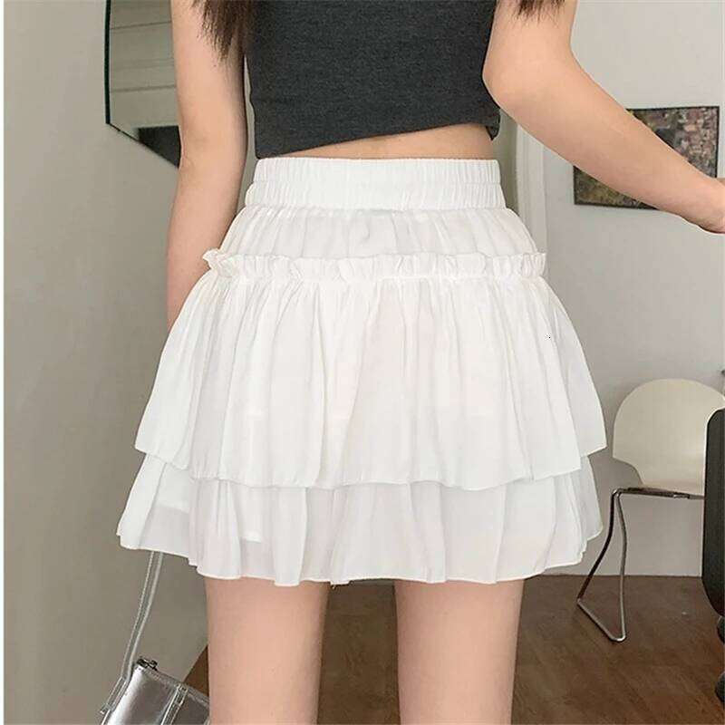 Summer Kawaii White Ruflles Skirt Women Fashion Slim Fit Chiffon Mini Skirts Giris Y2k All Match Elastic High Waist Black Faldas XJ260309