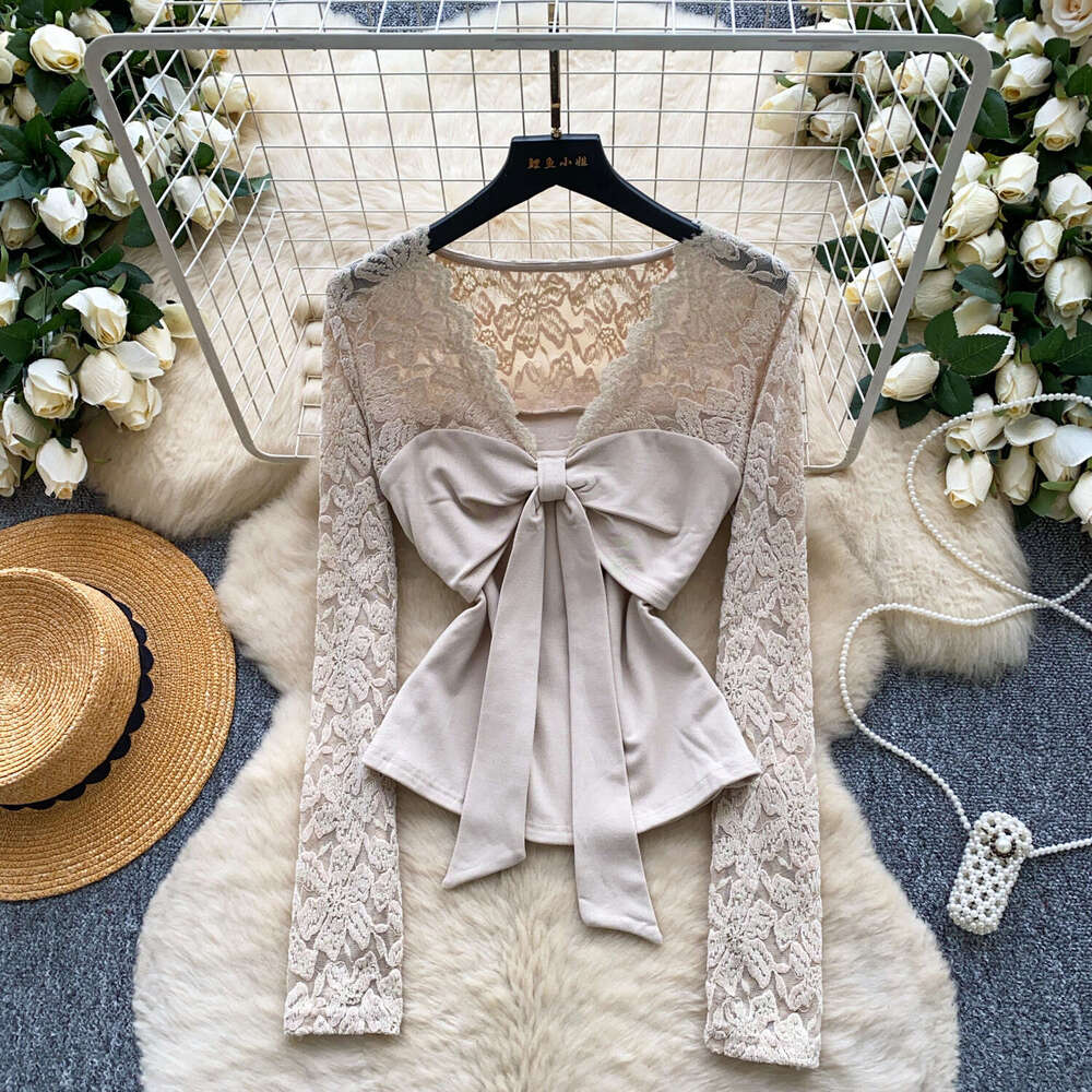 2026 designer women's French V-neck tie lace long sleeved patchwork top for autumn and winter slim fit