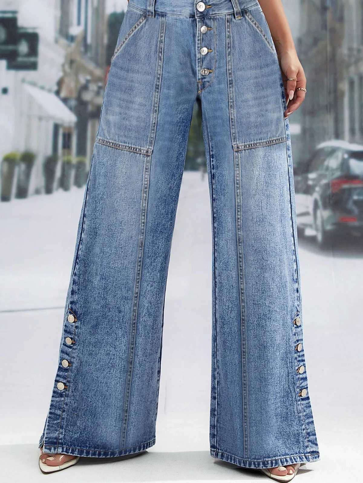 Womens Plus Size Jeans Pockets Denim Wide Leg Pants Button Vintage Streetwear Solid Casual Minimalist Jeans Trousers 2024 M260310