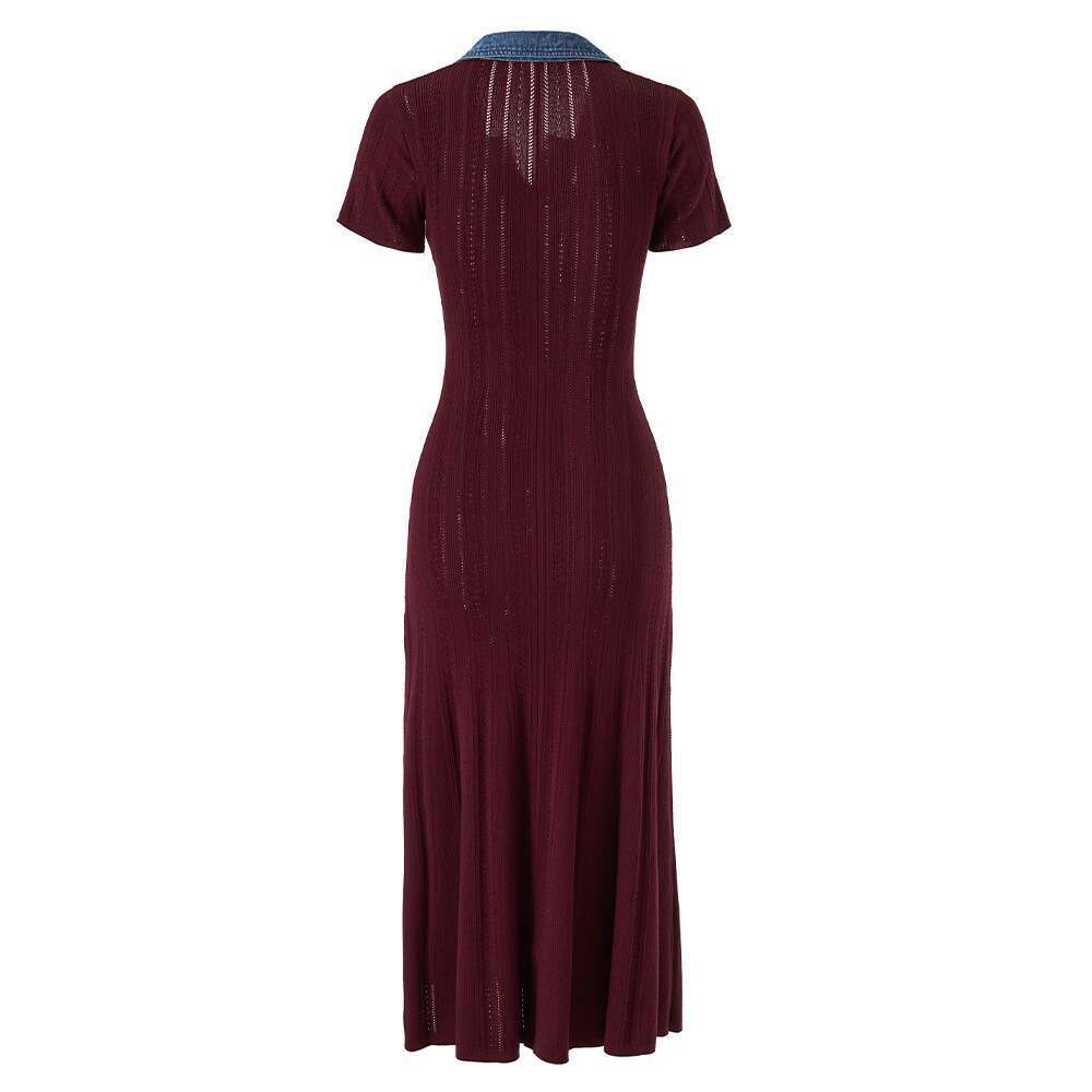 2026 new color blocked knitted mini V-neck women's short sleeved single breasted waist cinching elegant Middle Eastern dress