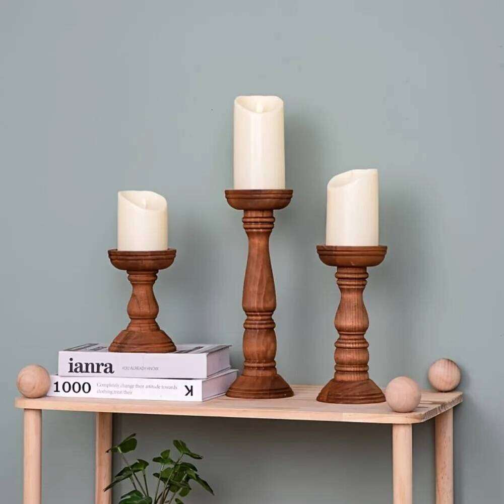 Vintage Wooden Holders 3pcs Valentine's Day Wedding Cylindrical Candle Holder Desktop Christmas Decoration H260310