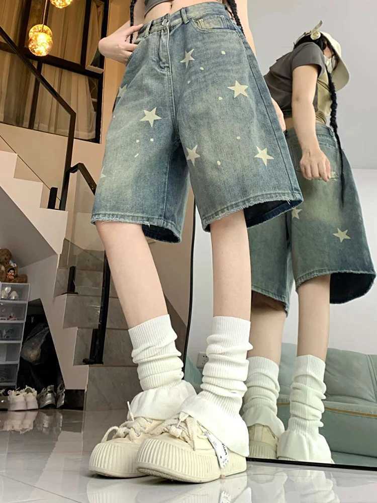 Women High Waist American Retro Washed Wide Leg Jeans Girls Street Do Old Star Loose Denim Pants Female Blue Knee Length Shorts M260310