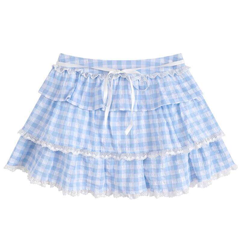 Japanese Kawaii Lace Trim Mini Lolita Style Gingham Layers A-line Y2k Aesthetic Plaid Skirt Teen Girl Streetwear XJ260309